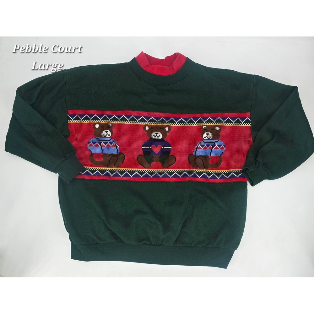 Vintage 1994 Pebble Court Teddy Bear Sweatshirt Large Green Red Nordic 90s
